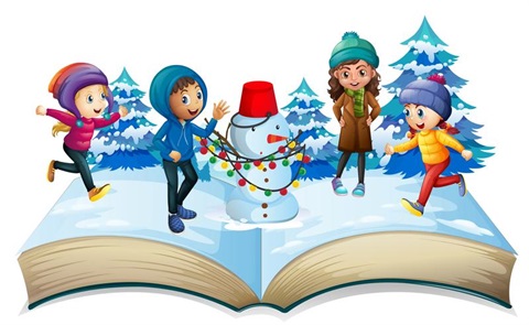 An open book with children playing in the snow and making a snowman 