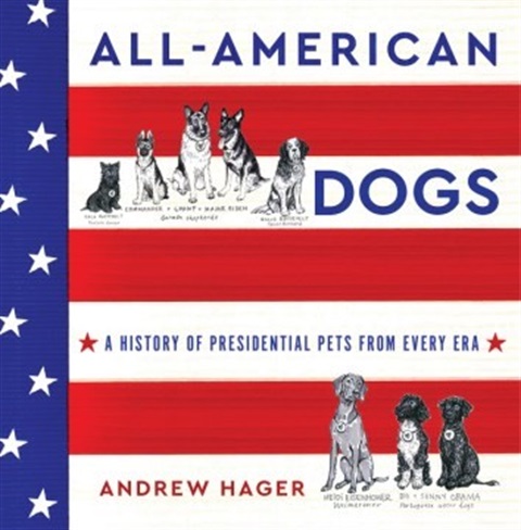 . Complete with historical photographs and charming sketches of presidential dogs, All-American Dogs is an inviting book, small (7 ½ x 7 ½) and square in shape.  It features a bold red, white, and blue hard cover and has bright blue end papers. Its bright, red and blue page borders complete its cohesive arrangement. The border of the book is blue with nine white stars. The front cover has alternating white and red horizontal stripes. The title of the book is in blue print. There are five sketches of toward the top of the cover. They include Fala Roosevelt, Commander, Champ, and Major Biden, and Rollo Roosevelt .Toward the bottom of the front cover near the author's name are sketches of Heidi Eisenhower, and Bo and Sunny Obama.
