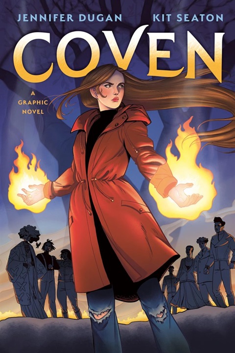 Coven Book Cover. A girl with long brown hair in a red coat stands in front of a crowd, with fire surrounding each hand.jpg