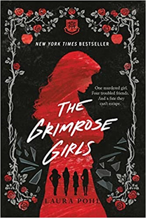 Grimrose Girls Book Cover. A red silhouette of a girl on a black background. Four smaller figures in shadow at the bottom of the cover. White scrolls with red accents outline the page.