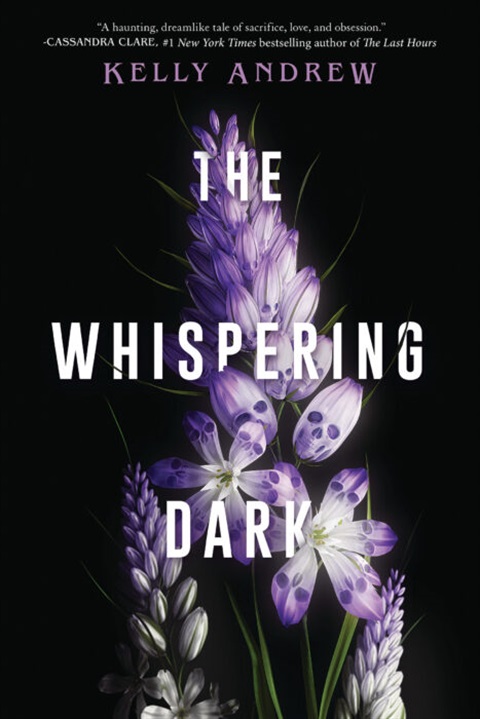 The Whispering Dark Book Cover. Purple flowers against a black background. The base of each flower is a skull.