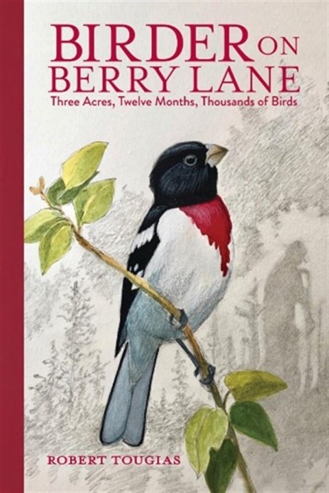 Birder on Berry Lane: Three Acres, Twelve Months, Thousands of Birds, 2020 by Robert Tougias. The Cover shows a colorful Rose-breasted Grosbeak (red, black, and white) on a branch. The background appears as if it is sketched and there is the figure of a man in the distance digging with a hoe or a shovel. The binding and title are red. 