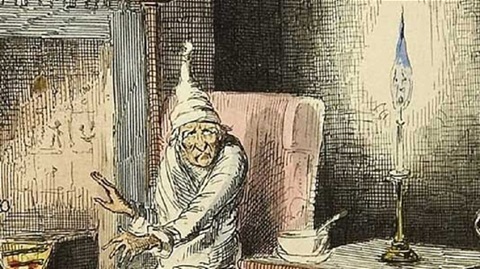 A drawing of Scrooge, sitting in a chair with a candle.