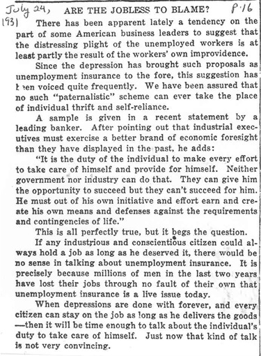 July 24, 1931: Are the Jobless to Blame?
