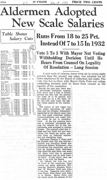 February 18, 1933:  Alderman Adopted New Scale Salaries