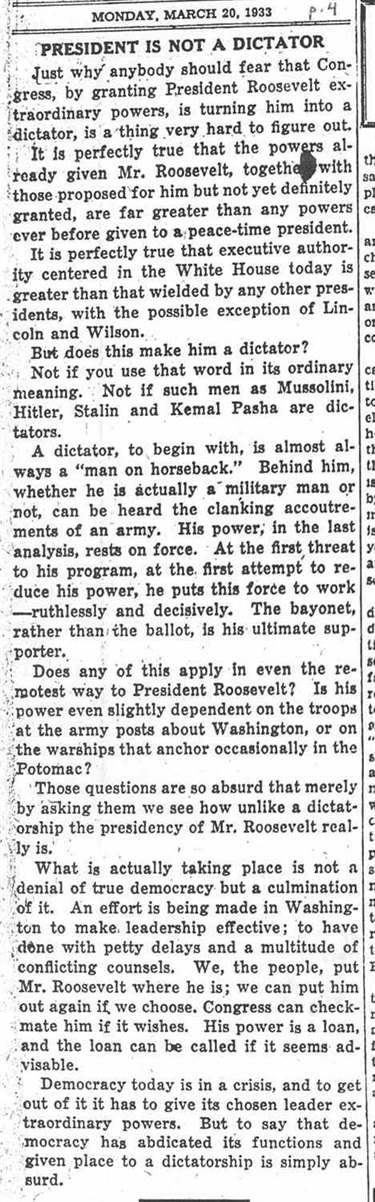 March 20, 1933: President is Not a Dictator