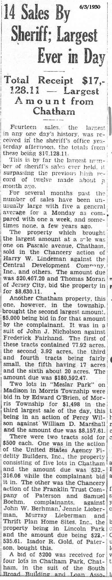 June 3, 1930: 14 Sales by Sheriff; Largest Ever in Day