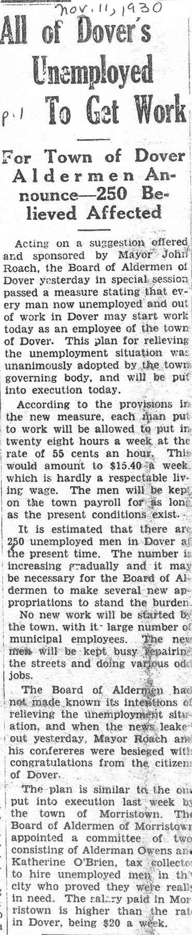 November 11, 1930: All of Dover's Unemployed to Get Work
