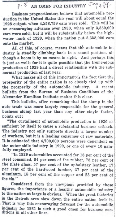 January 28, 1931: An Omen for Industry