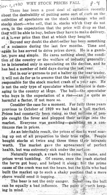 November 1, 1930: Why Stock Prices Fall