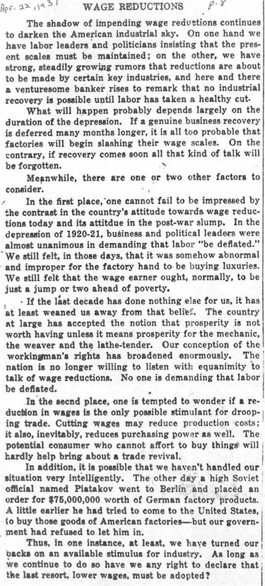 April 22, 1931: Wage Reductions