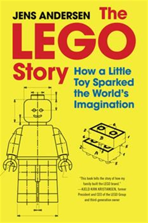 The Lego Story is a hardcovered book with a bright yellow book jacket . The words 