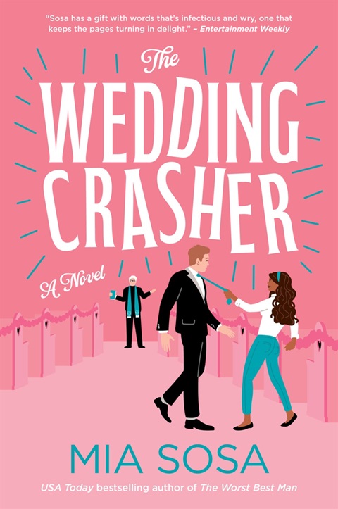 The Wedding Crasher book cover. A woman in jeans pulls a man in a suit by his tie, away from a pastor at the head of rows of church pews..jpeg
