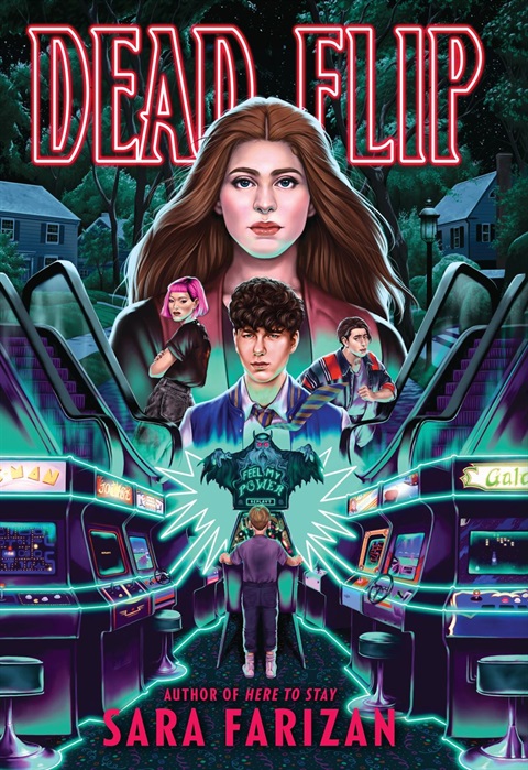 Dead Flip Book Cover. The top of the cover shows a neighborhood scene, in front of which are four characters looking towards the viewer. At the bottom, a young boy plays a pinball game with his back turned to the viewer.
