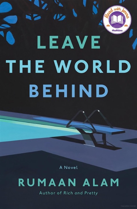 The graphic cover of Leave the World Behind features a black background that draws the eye upward toward the silhouette of trees. Beyond the trees, is dark blue night sky. The title appears in bold capital letters that are shades of green, blue and purple. At the bottom of this very one-dimensional cover is a part of a swimming pool and diving board. The water is a lighter blue and the pool, water, and deck take on a very geometric appearance. 