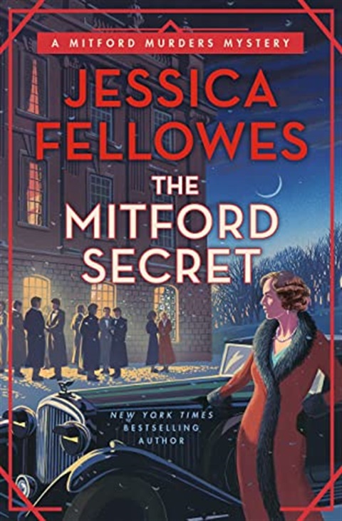 Book cover features an Illustration of a stately 3-story home (Chatsworth in England) located outside of London on a cold evening. There is a group of prominent guests gathered outside the front door. They are dressed in clothing from the 1940s. There is a Christmas tree in the window with white lights. The sky is dark, however, it appears that the sun may be rising. A well-dressed woman has pulled up in front of the house in a Bentley and is standing with her gloved hand on the hood of the car. She has blond hair and is dressed in a red coat with a fur collar. She is wearing pearls. One hand  is on her hip and she is looking at the group of party-goers with a focused expression..  