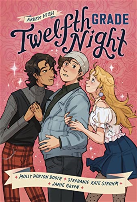 Twelfth Grade Night Book Cover. A teenage girl with long blonde hair and a teenage boy with short black hair and plaid pants stand on either side of another teenager in a jacket and hat.