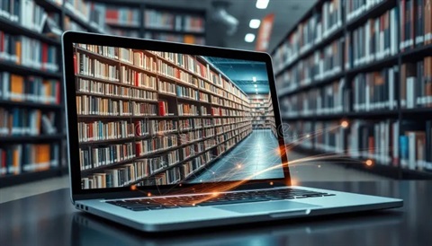 shelves of books on a laptop screen