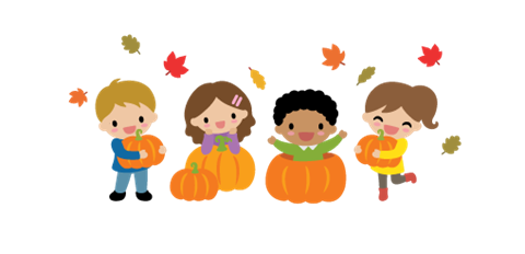 Cartoon children holding pumpkins and playing in fall leaves.png