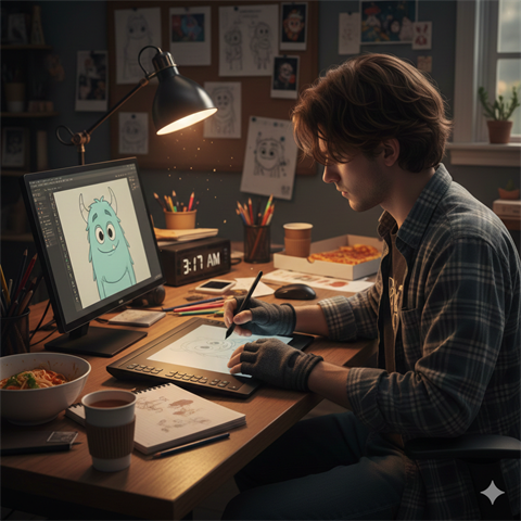 man drawing anime at computer